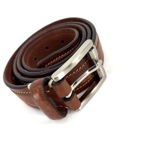 Cole Haan Brown Leather Belt Size 38 Stitching Design Detail Silvertone Buckle
